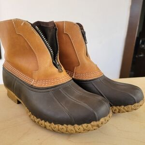 LL Bean Shearling Lined Brown Leather Front Zip Bean Boots Ankle Mens Size 10 W